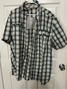 Carhartt Men’s Short-Sleeve Plaid Button-Down Shirt - Gray & White